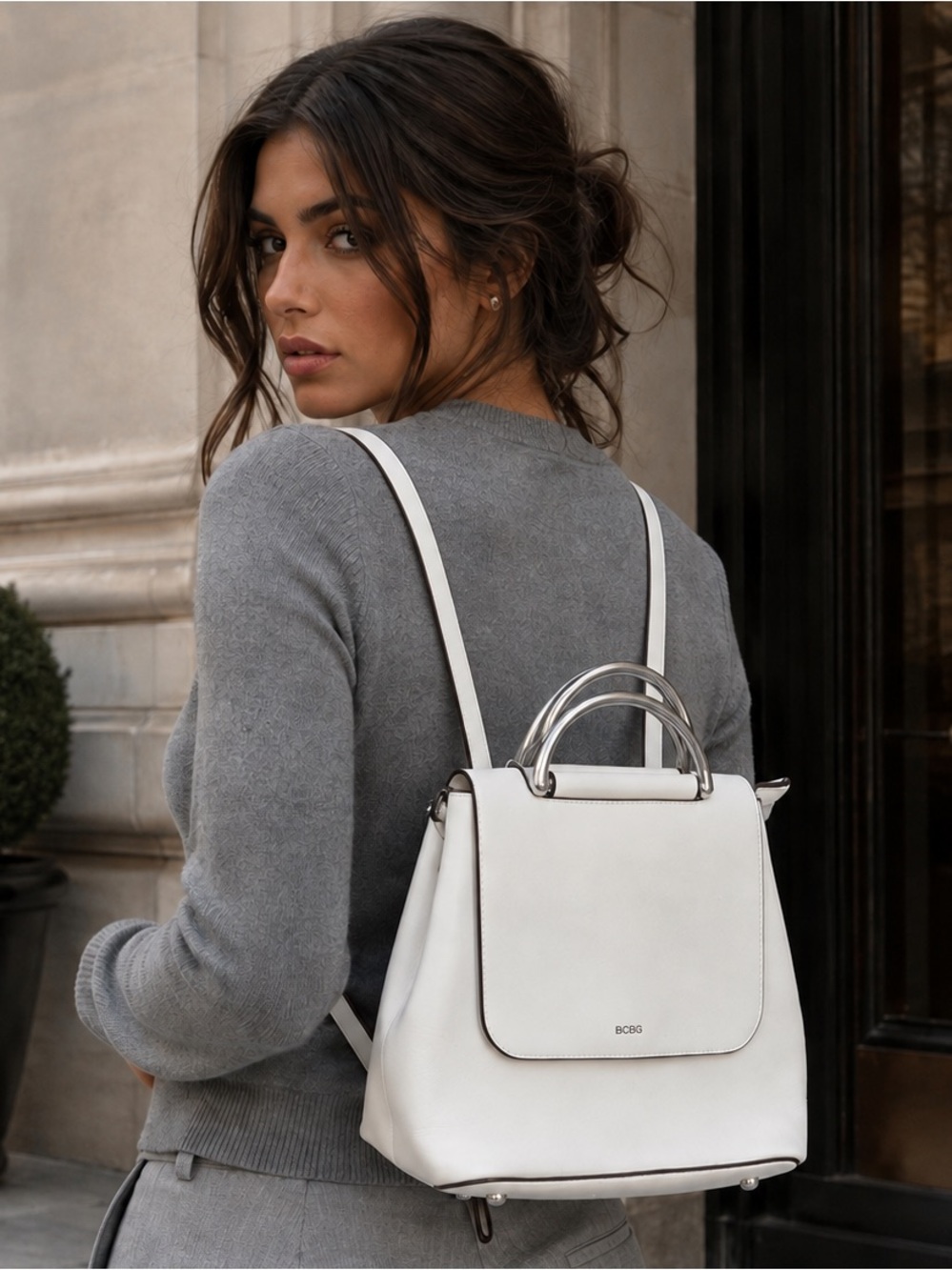 BCBG Max Azria Leather Mini Backpack Purse Elliot in White